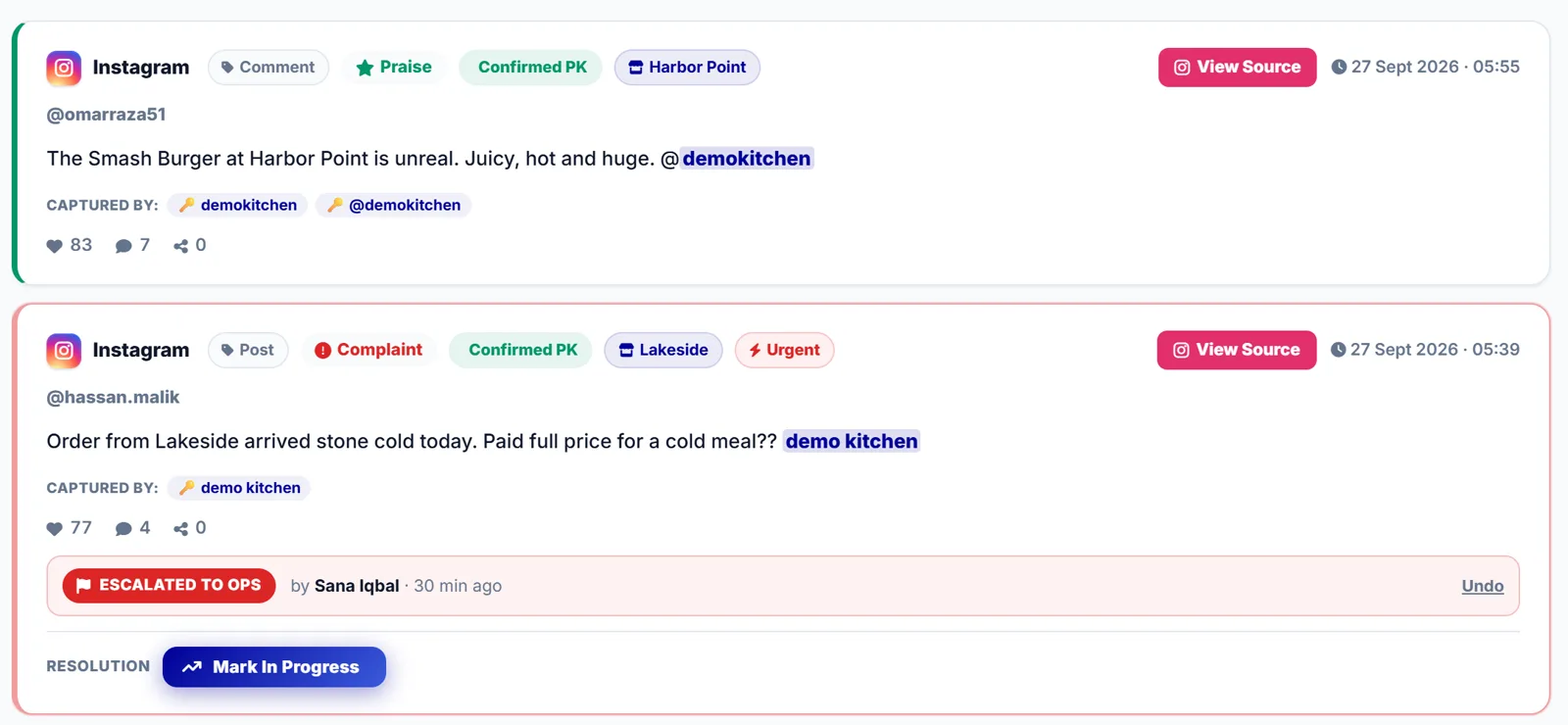An Instagram complaint about a cold order, escalated to ops